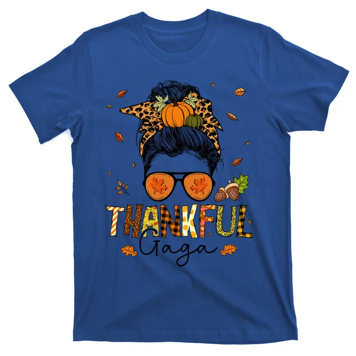 One Thankful Gaga Leopard Messy Bun Thanksgiving Family Meaningful Gift T-Shirt