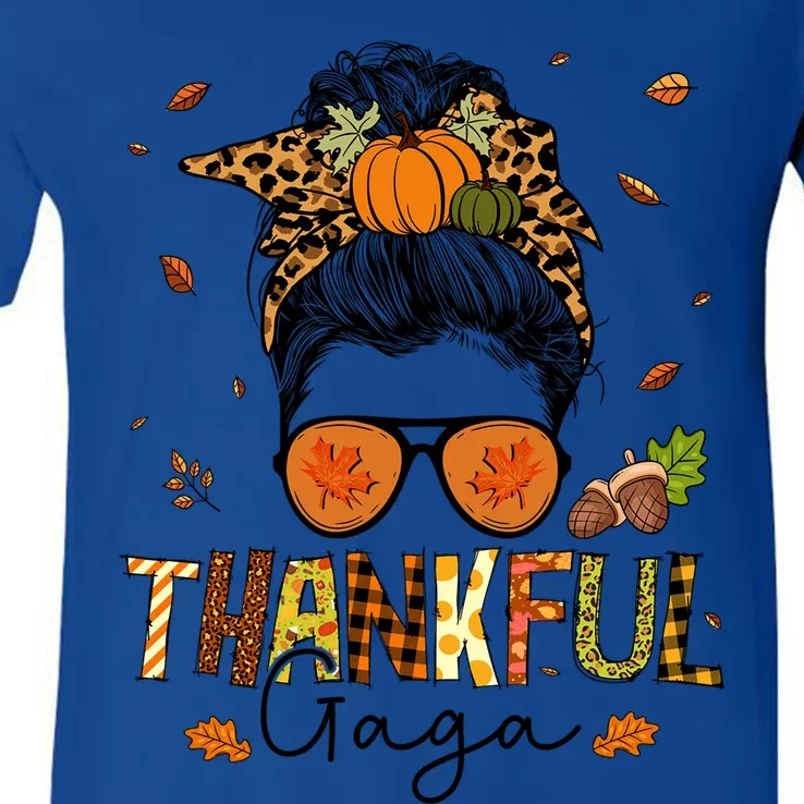 One Thankful Gaga Leopard Messy Bun Thanksgiving Family Meaningful Gift V-Neck T-Shirt