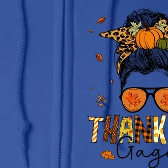 One Thankful Gaga Leopard Messy Bun Thanksgiving Family Meaningful Gift Full Zip Hoodie