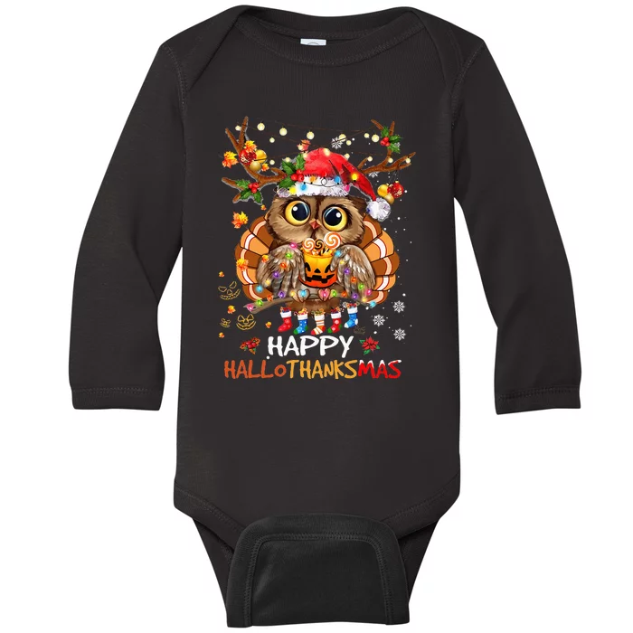 Owl Thankgiving Halloween Christmas Happy Hallothanksmas Baby Long Sleeve Bodysuit