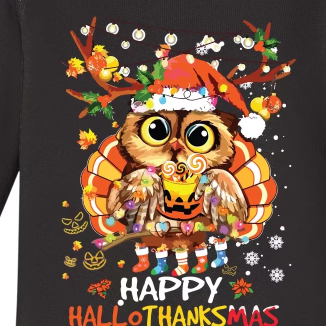 Owl Thankgiving Halloween Christmas Happy Hallothanksmas Baby Long Sleeve Bodysuit