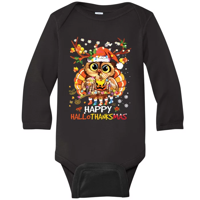 Owl Thankgiving Halloween Christmas Happy Hallothanksmas Baby Long Sleeve Bodysuit