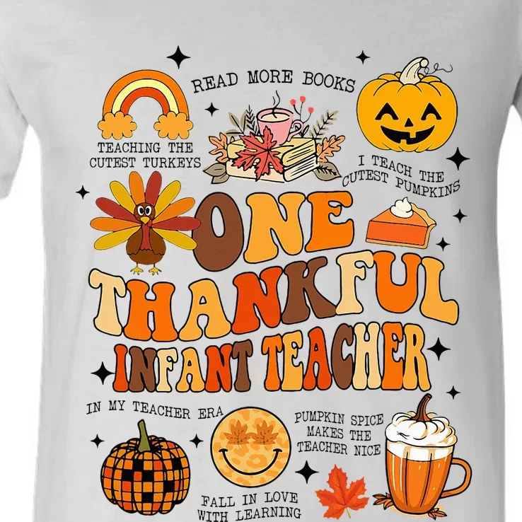 One Thankful Infant Teacher Thanksgiving Retro Groovy Fall V-Neck T-Shirt