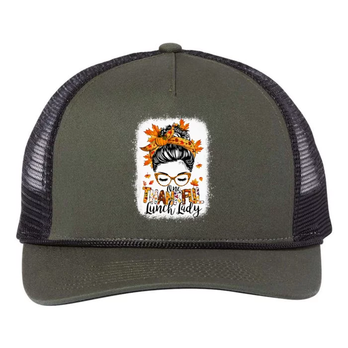 One Thankful Lunch Lady Messy Bun Thanksgiving Lunch Lady Retro Rope Trucker Hat Cap