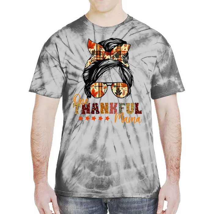 One Thankful Mama Thanksgiving Messy Bun Autumn Fall Mother Tie-Dye T-Shirt