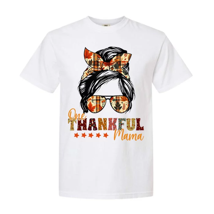 One Thankful Mama Thanksgiving Messy Bun Autumn Fall Mother Garment-Dyed Heavyweight T-Shirt