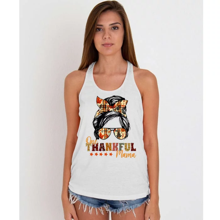 One Thankful Mama Thanksgiving Messy Bun Autumn Fall Mother Women's Knotted Racerback Tank