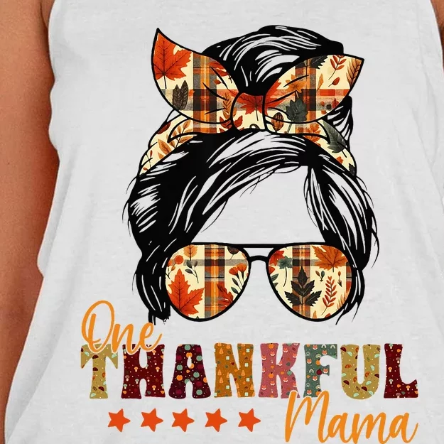 One Thankful Mama Thanksgiving Messy Bun Autumn Fall Mother Women's Knotted Racerback Tank