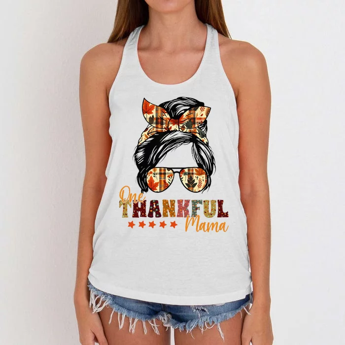 One Thankful Mama Thanksgiving Messy Bun Autumn Fall Mother Women's Knotted Racerback Tank