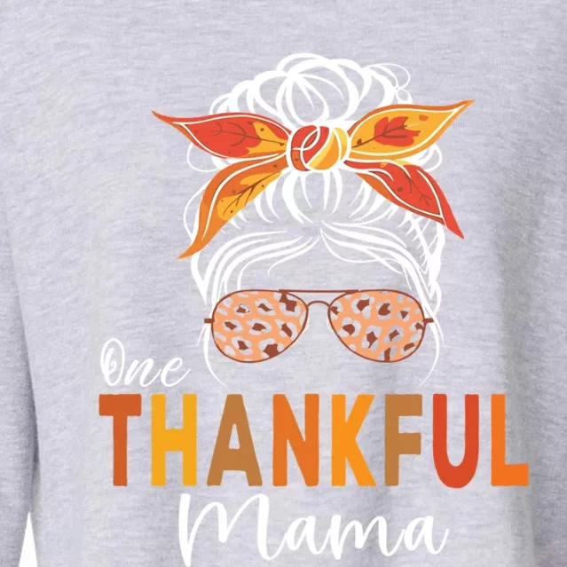 One Thankful Mama Thanksgiving Mama Messy Bun Leopard Mother Gift Cropped Pullover Crew