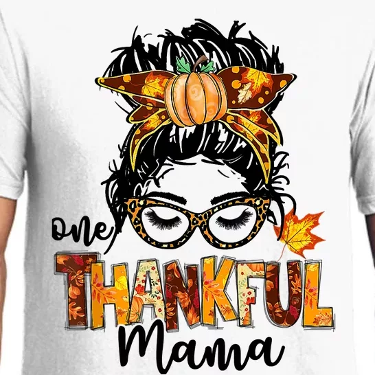 One Thankful Mama Funny Messy Bun Fall Autumn Thanksgiving Pajama Set