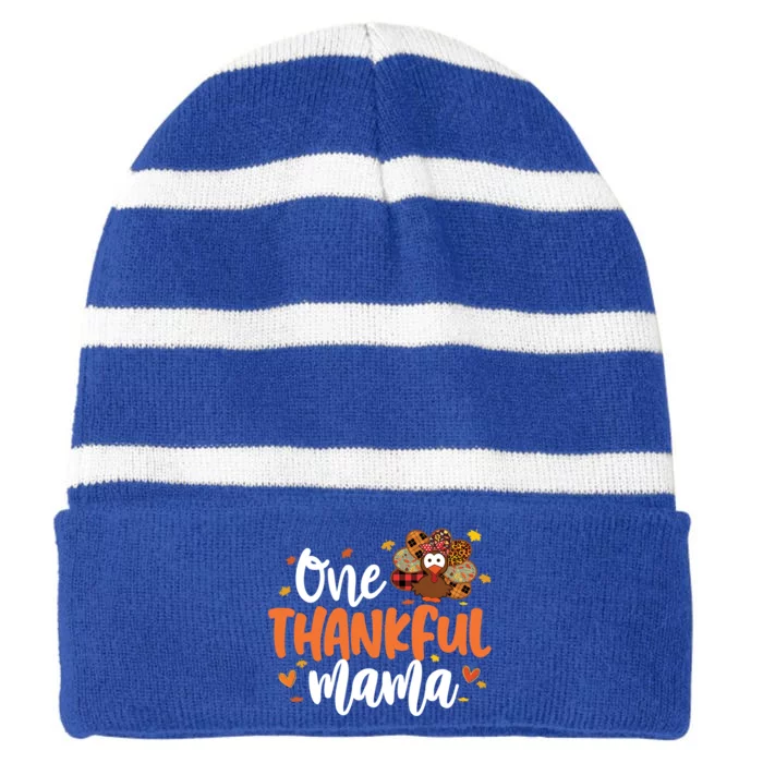 One Thankful Mama Turkey Leopard Thanksgiving Family Meaningful Gift Striped Beanie with Solid Band