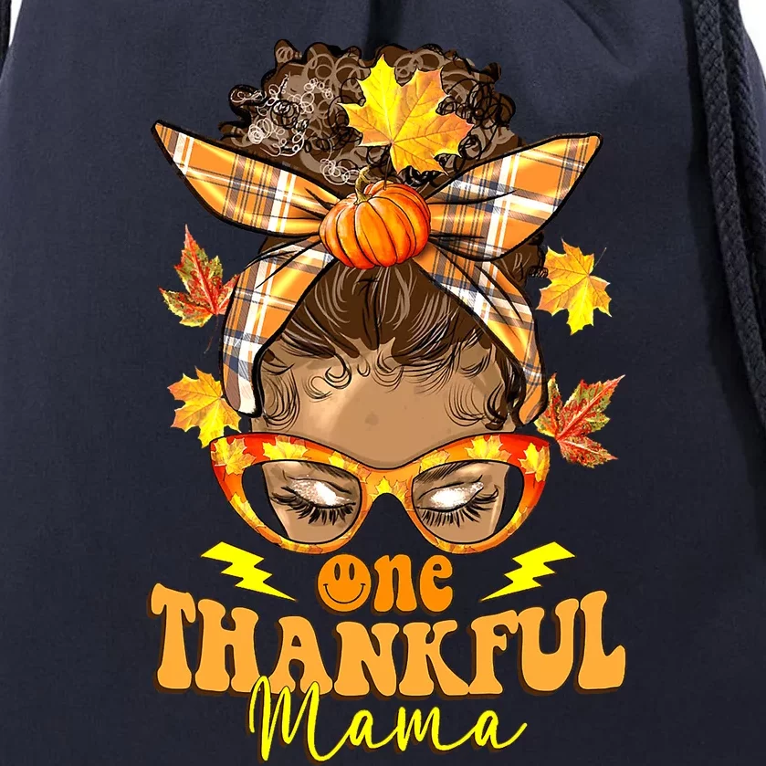 One Thankful Mama Leopard Messy Bun Autumn Thanksgiving Day Drawstring Bag