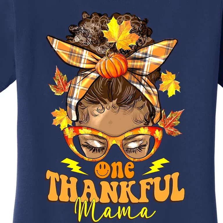 One Thankful Mama Leopard Messy Bun Autumn Thanksgiving Day Women's T-Shirt