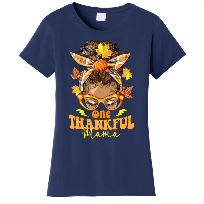 One Thankful Mama Leopard Messy Bun Autumn Thanksgiving Day Women's T-Shirt