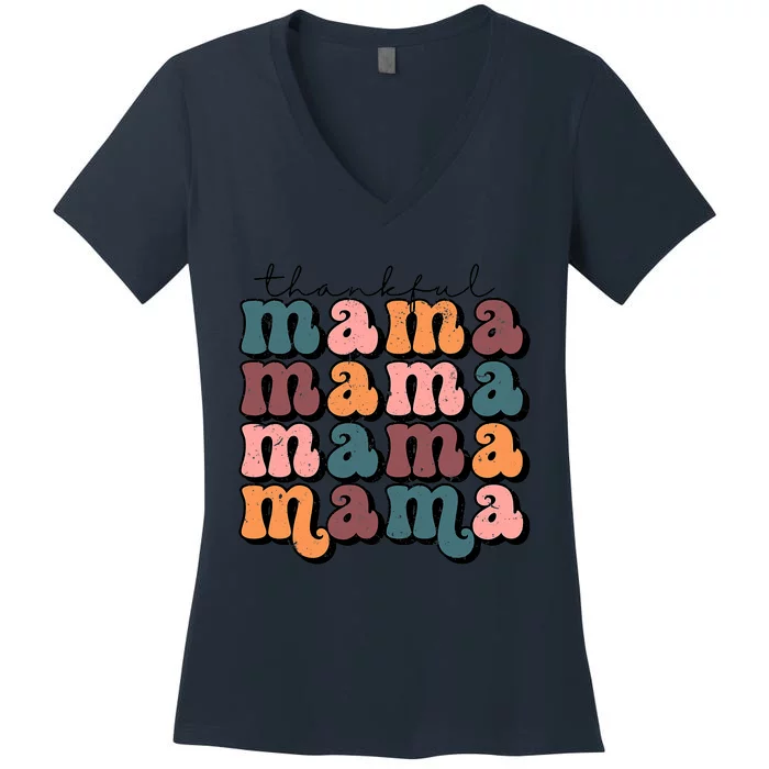 One Thankful Mama Funny Fall Autumn Thanksgiving Women's V-Neck T-Shirt