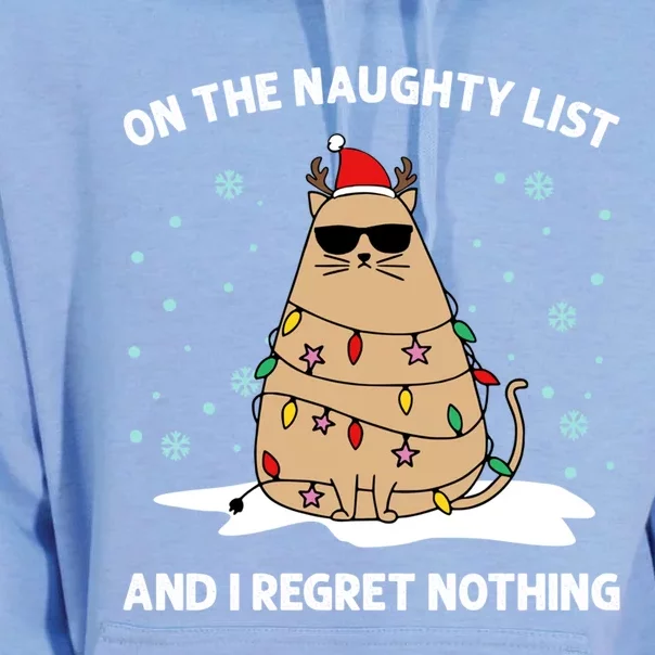 On The Naughty List And I Regret Nothing Cat Christmas Light Gift Unisex Surf Hoodie