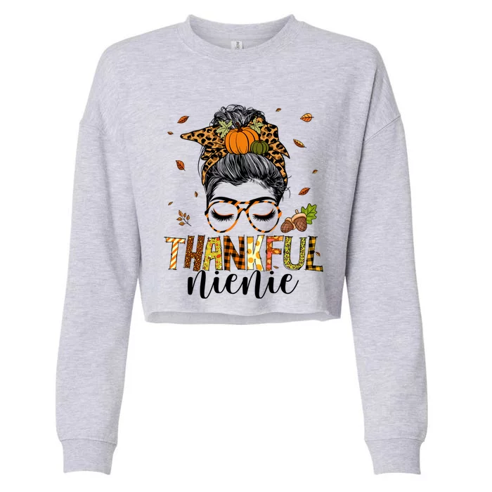 One Thankful Nienie Messy Bun Leopard Thanksgiving Family Gift Cropped Pullover Crew