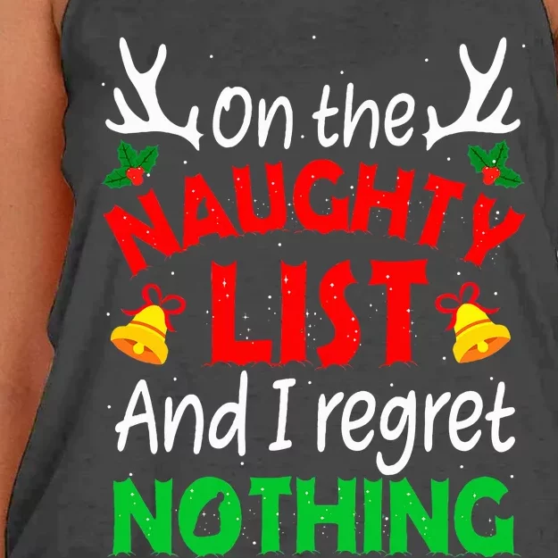 On The Naughty List And I Regret Nothing Funny Xmas Women's Knotted Racerback Tank