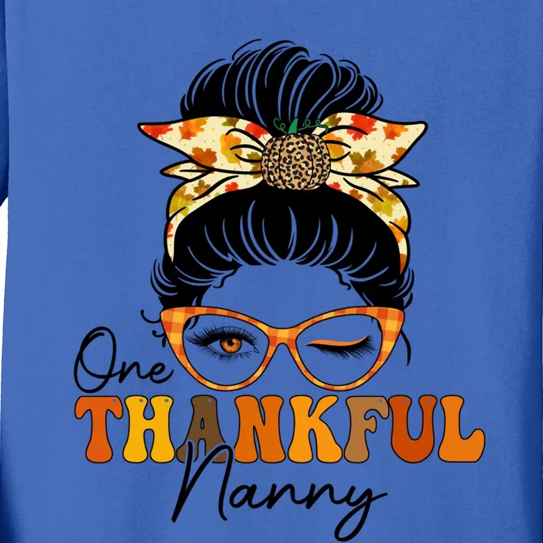 One Thankful Nanny Messy Bun Leopard Thanksgiving Family Gift Kids Long Sleeve Shirt