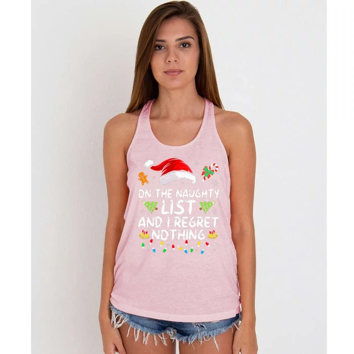 On The Naughty List And I Regret Nothing Funny Xmas Women's Knotted Racerback Tank