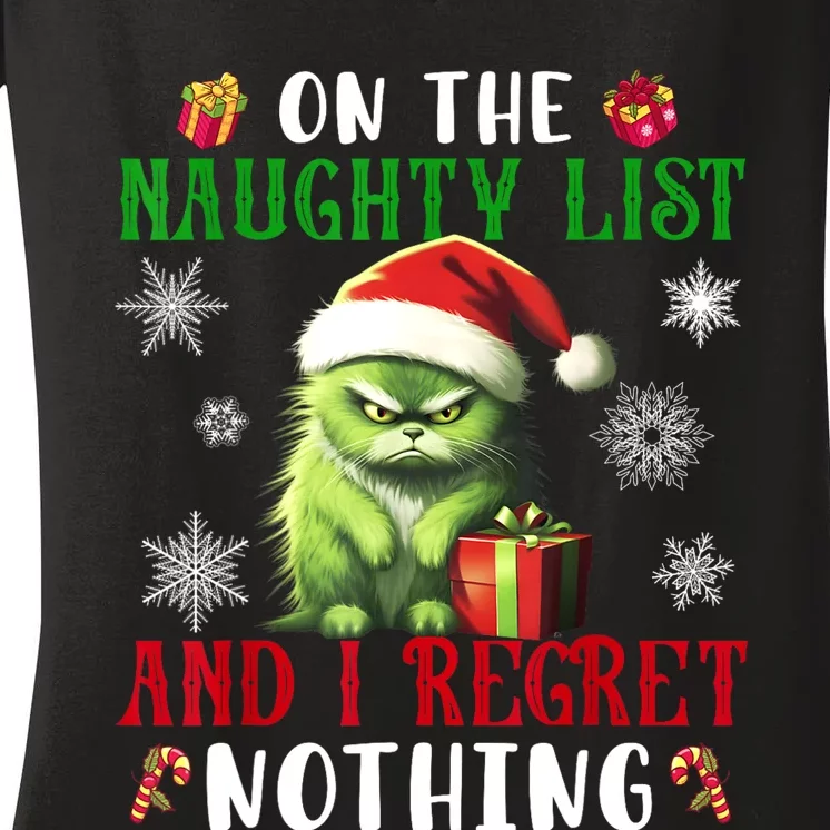 On The Naughty List And I Regret Nothing Cat Christmas Lover Women's V-Neck T-Shirt