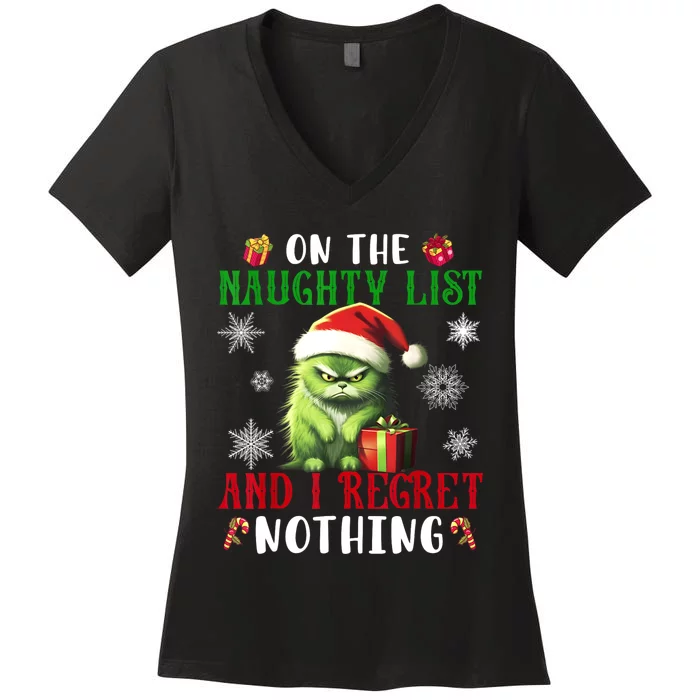 On The Naughty List And I Regret Nothing Cat Christmas Lover Women's V-Neck T-Shirt