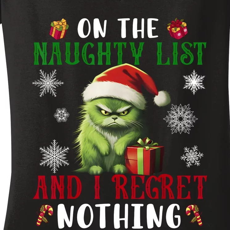 On The Naughty List And I Regret Nothing Cat Christmas Lover Women's V-Neck T-Shirt