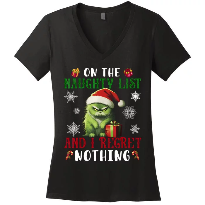 On The Naughty List And I Regret Nothing Cat Christmas Lover Women's V-Neck T-Shirt