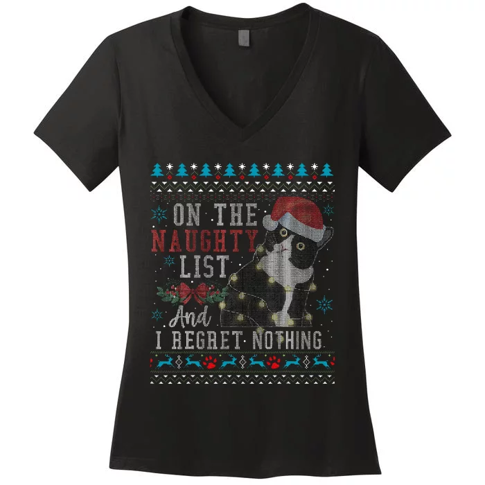 On The Naughty List And I Regret Nothing Cat Christmas Gift Women's V-Neck T-Shirt