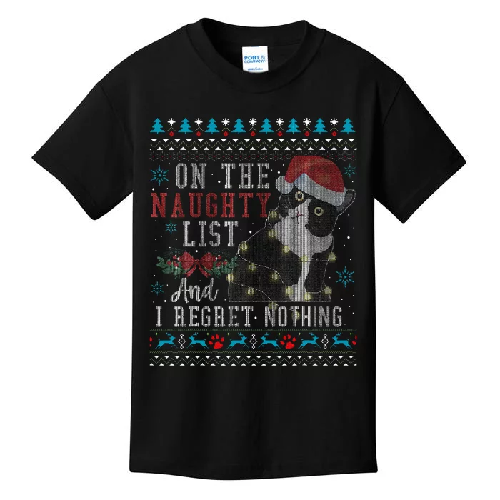 On The Naughty List And I Regret Nothing Cat Christmas Gift Kids T-Shirt