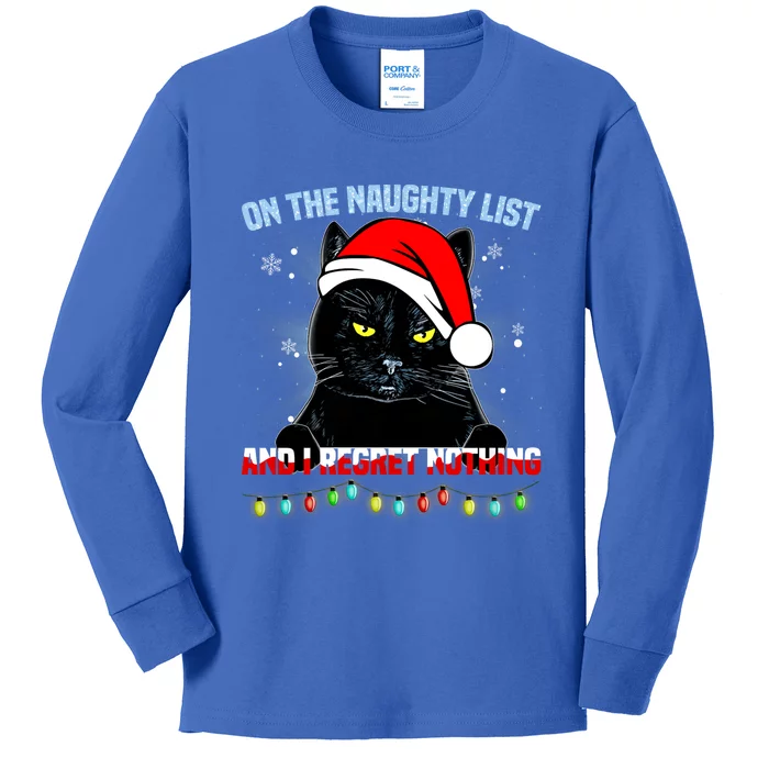 On The Naughty List And I Regret Nothing Cat Christmas Kids Long Sleeve Shirt