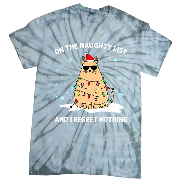 On the Naughty List and I Regret Nothing Cat Christmas Light Tie-Dye T-Shirt