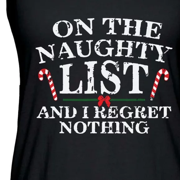 On The Naughty List And I Regret Nothing Funny Xmas Ladies Essential Flowy Tank