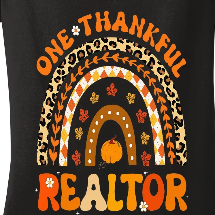 One Thankful Realtor Thanksgiving Rainbow Leopard Fall Women's V-Neck T-Shirt