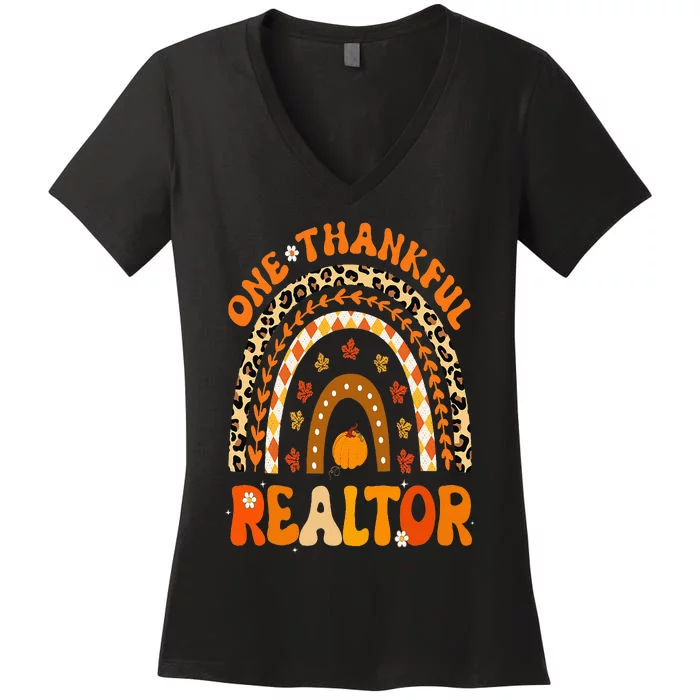 One Thankful Realtor Thanksgiving Rainbow Leopard Fall Women's V-Neck T-Shirt