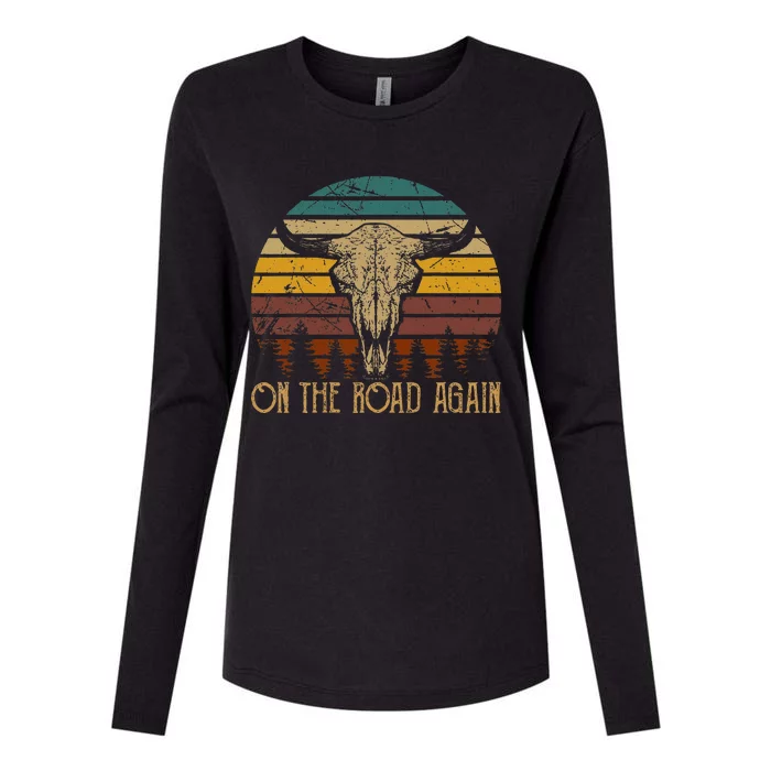 On The Road Again Outlaws Music Bull Skull Love Cowboy Boots Womens Cotton Relaxed Long Sleeve T-Shirt