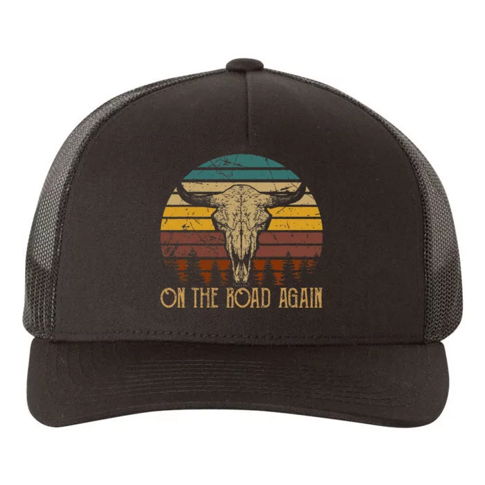 On The Road Again Outlaws Music Bull Skull Love Cowboy Boots Yupoong Adult 5-Panel Trucker Hat