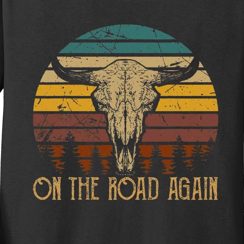 On The Road Again Outlaws Music Bull Skull Love Cowboy Boots Kids Long Sleeve Shirt