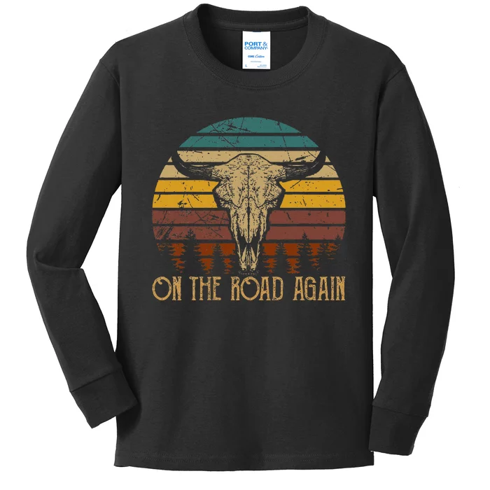 On The Road Again Outlaws Music Bull Skull Love Cowboy Boots Kids Long Sleeve Shirt