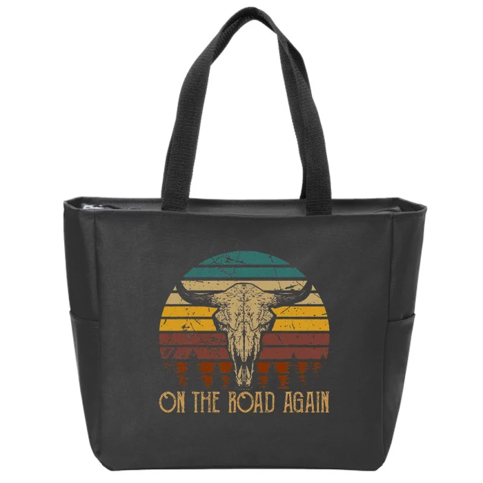 On The Road Again Outlaws Music Bull Skull Love Cowboy Boots Zip Tote Bag