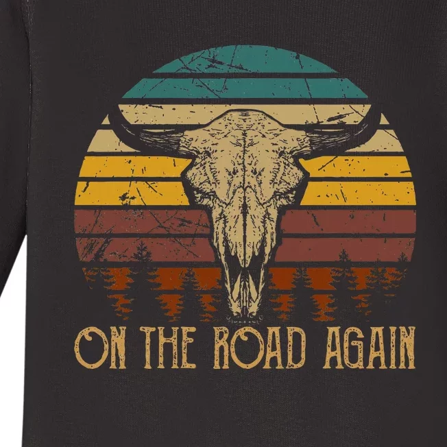 On The Road Again Outlaws Music Bull Skull Love Cowboy Boots Baby Long Sleeve Bodysuit