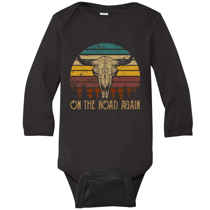 On The Road Again Outlaws Music Bull Skull Love Cowboy Boots Baby Long Sleeve Bodysuit