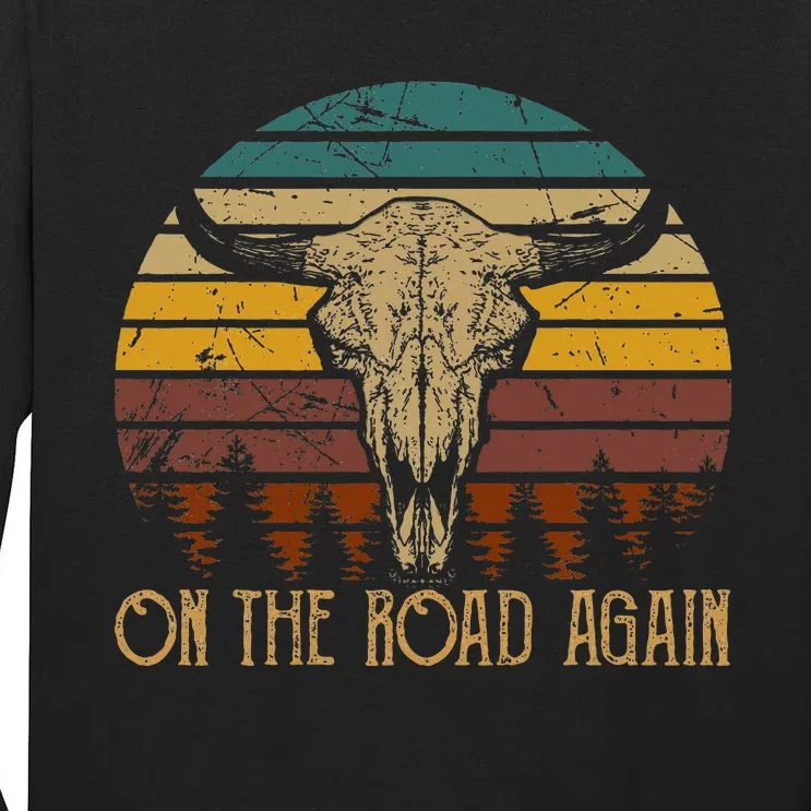 On The Road Again Outlaws Music Bull Skull Love Cowboy Boots Tall Long Sleeve T-Shirt