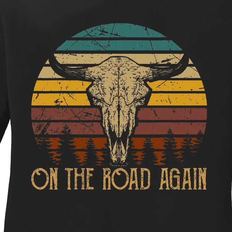 On The Road Again Outlaws Music Bull Skull Love Cowboy Boots Ladies Long Sleeve Shirt