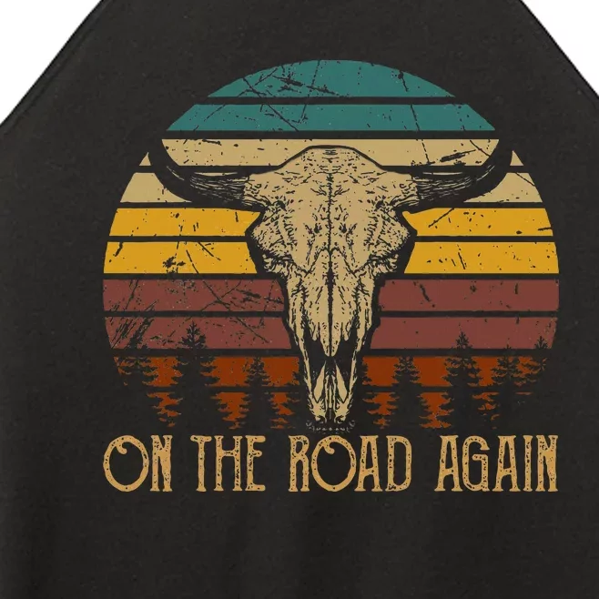 On The Road Again Outlaws Music Bull Skull Love Cowboy Boots Women’s Perfect Tri Rocker Tank