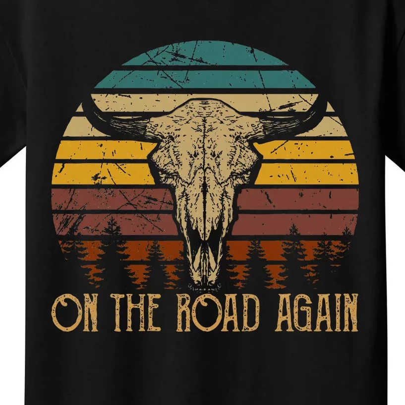 On The Road Again Outlaws Music Bull Skull Love Cowboy Boots Kids T-Shirt