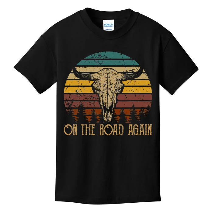 On The Road Again Outlaws Music Bull Skull Love Cowboy Boots Kids T-Shirt