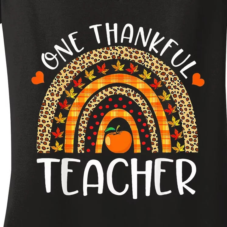 One Thankful Teacher Thanksgiving Rainbow Leopard Fall Funny Women's V-Neck T-Shirt