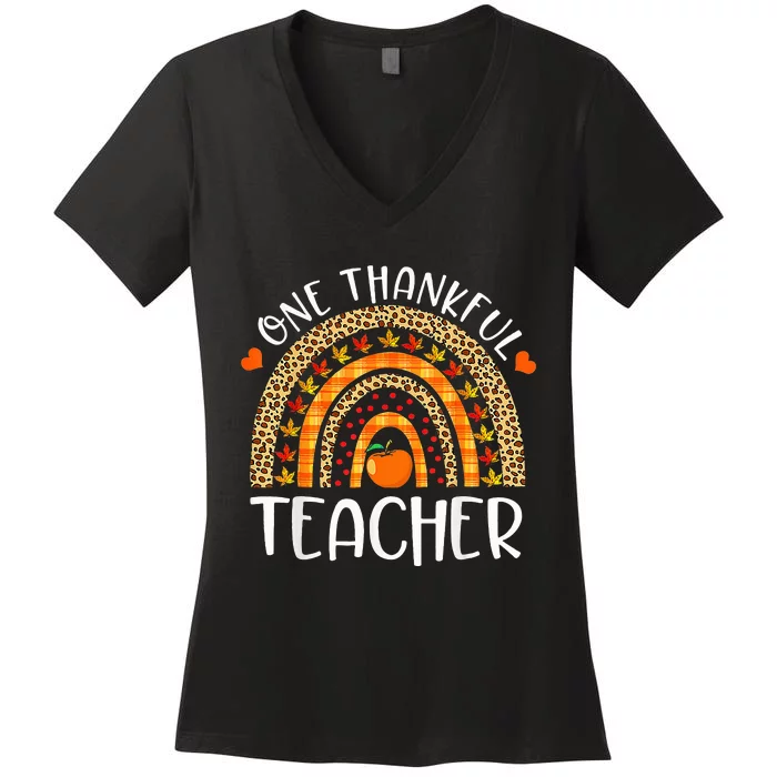 One Thankful Teacher Thanksgiving Rainbow Leopard Fall Funny Women's V-Neck T-Shirt